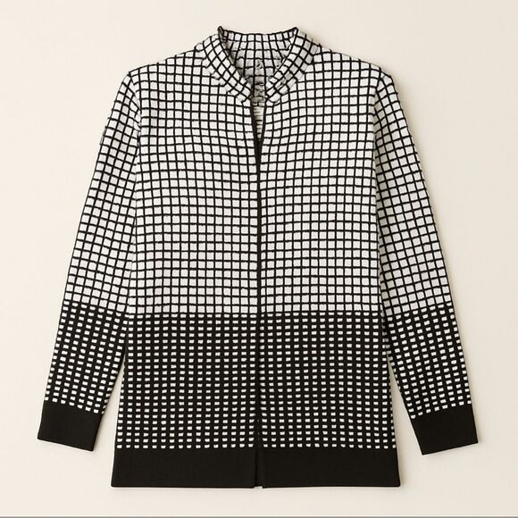 Misook Womens Cardigan L Geometric Print Brown White Open Front - Picture 2 of 7